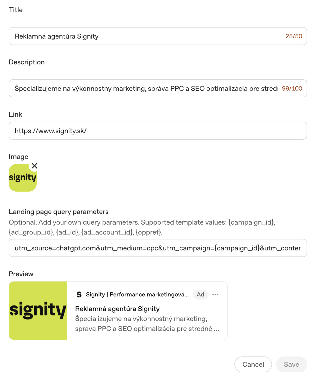 Editácia reklamy v ChatGPT Ads Manageri s poliami pre nadpis, popis a odkaz